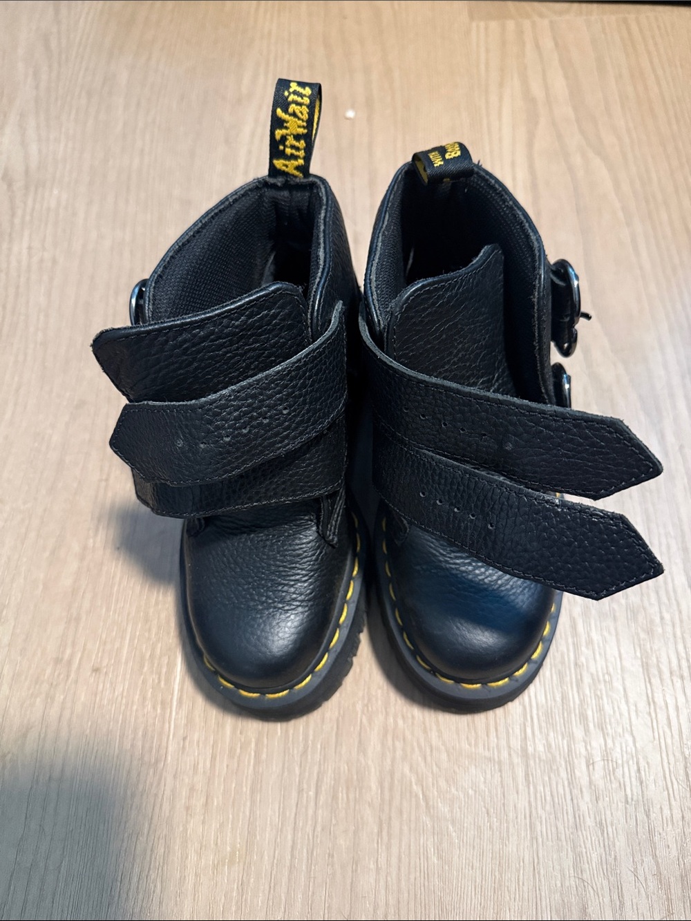 Dr. Martens Women  Black Leather Ankle Boots with Yellow Stitching